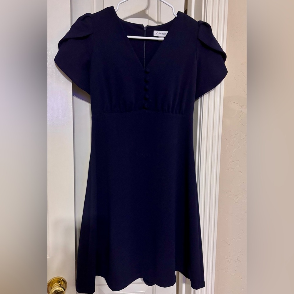 Calvin Klein Blue Flutter Sleeve V-Neck A-Line Dress